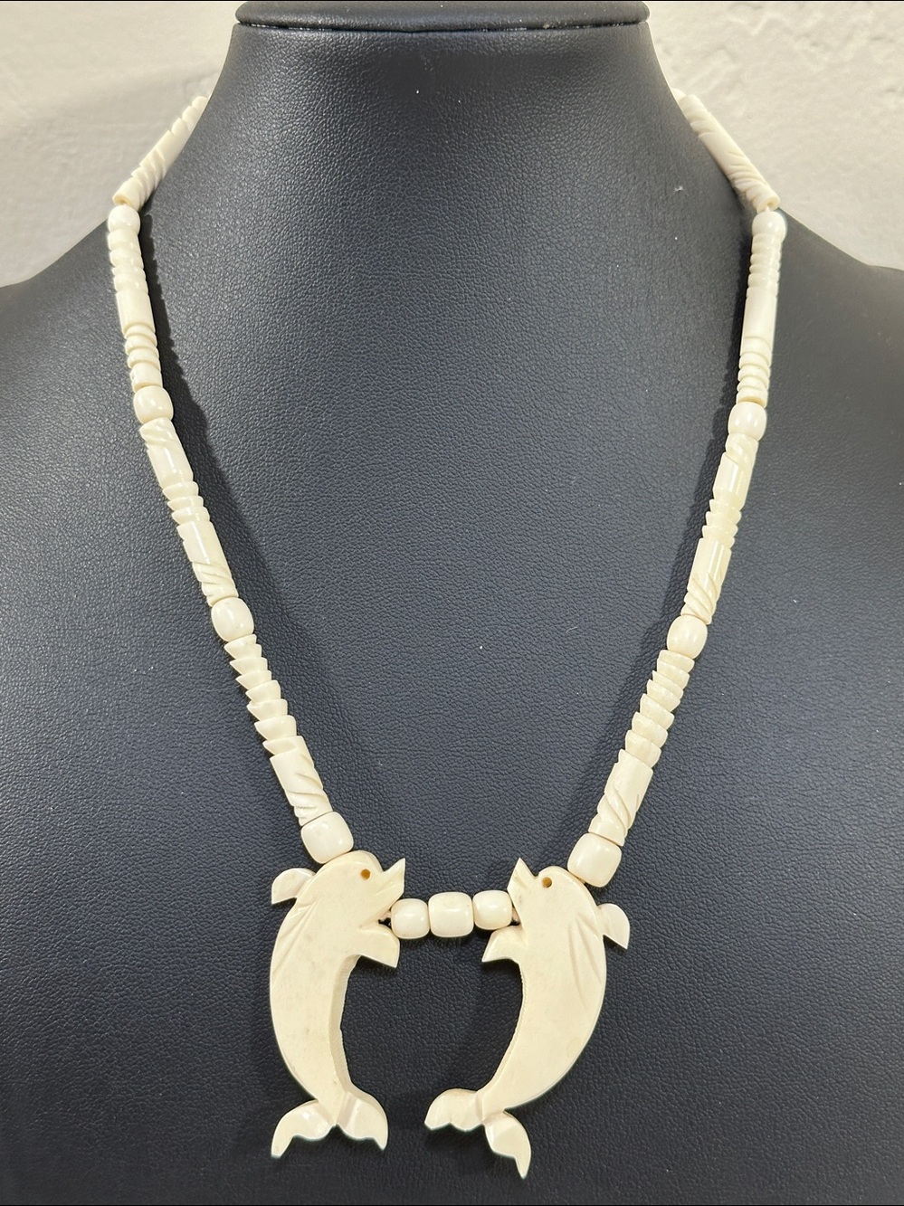 Two Dolphin Carved Bone Vintage Barrel Clasp Necklace